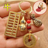 Copper Zodiac Abacus Key Chain with Wealth Bag Pendant