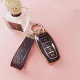 Gold-color Metal Keyring Colorful Plaid PU Leather Car Keychain