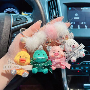 Rhinestone Animal Key Chain Mink Hair Cartoon Figure Car Key Chain