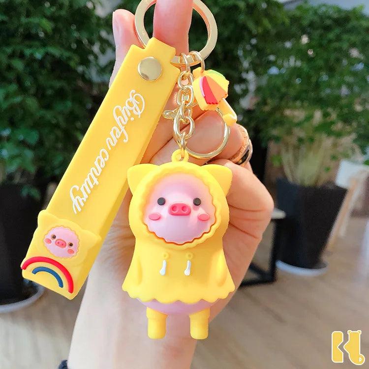 Raincoat Pig Cartoon Keychain Umbrella Rainbow Couple Bag Pendant Doll