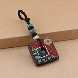 Vintage Nepal Thangka Buddha Keychain Pendant Lucky Wood Key Chain