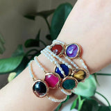 Colorful Agates Charm Bracelets Small Rice Pearl Strand Reiki Healing Chakra Aga