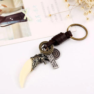Vintage Wolf Fangs Pendant Cowhide Keychain Punk Jewelry Key Ring