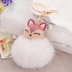 Rhinestone-Crystal Fox Rabbit-fur-ball-pompom Keychain Women Animal Trinkets