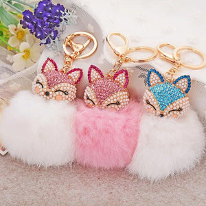 Rhinestone-Crystal Fox Rabbit-fur-ball-pompom Keychain Women Animal Trinkets