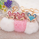 Rhinestone-Crystal Fox Rabbit-fur-ball-pompom Keychain Women Animal Trinkets