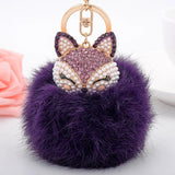 Rhinestone-Crystal Fox Rabbit-fur-ball-pompom Keychain Women Animal Trinkets