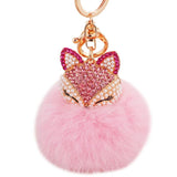 Rhinestone-Crystal Fox Rabbit-fur-ball-pompom Keychain Women Animal Trinkets
