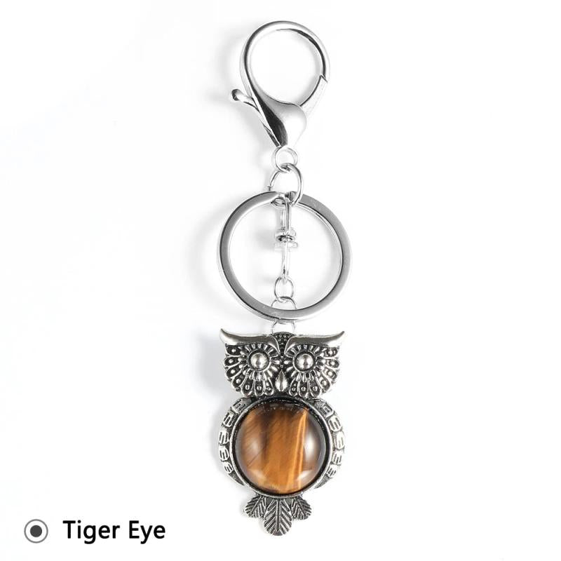 Vintage Owl Pendant Key Chain Turquoises Tiger Eye Stone Keychain Ring