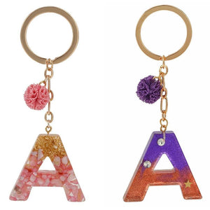 Purple Pink Pompom Letter Pendant Keychain Glitter Resin Alphabet Key Ring