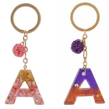 Purple Pink Pompom Letter Pendant Keychain Glitter Resin Alphabet Key Ring