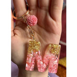 Purple Pink Pompom Letter Pendant Keychain Glitter Resin Alphabet Key Ring