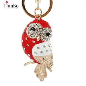 Red Enamel Owl Key Chain Holder with Rhinestone Pendant