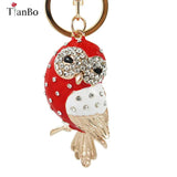 Red Enamel Owl Key Chain Holder with Rhinestone Pendant