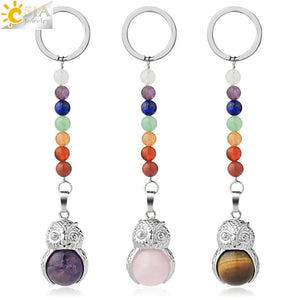 CSJA Owl Keychain Natural Stones Reiki 7 Chakra Chain Keys Holder G351