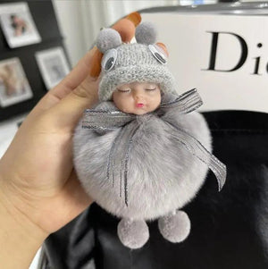 Baby Doll Keychain Fluffy Pom Pom Faux Fur Plush Keychains