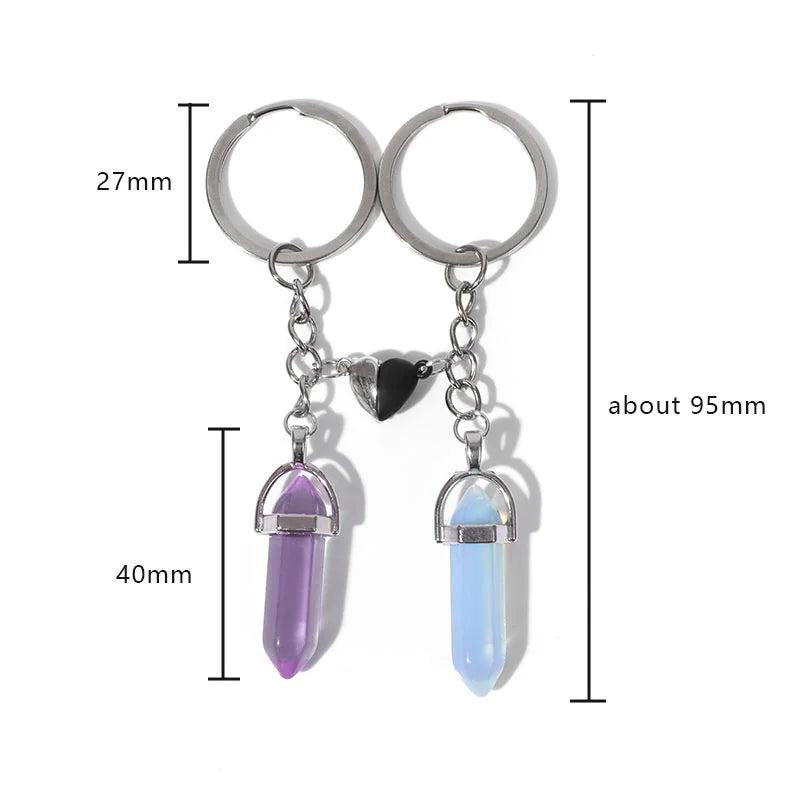 Couple Key Chain Heart Charm Natural Stone Crystal Pendant Keychain