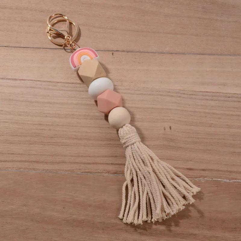 Rainbery Rainbow Tassel Keychain Silicone Beads Pendant Key Chain
