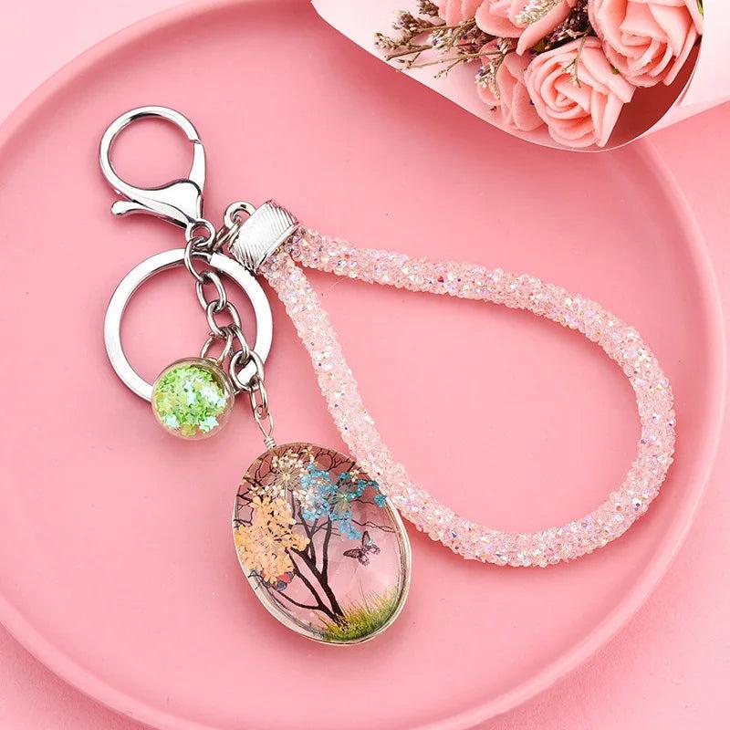 Sky Star Dried Flower Butterfly Key Chain Glass Pendant