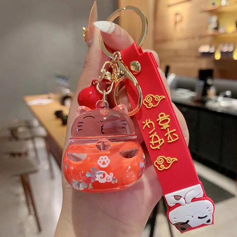 Lucky Cat Acrylic Doll Keychain Floating Liquid Bag Charm Pendant