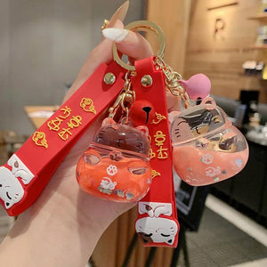 Lucky Cat Acrylic Doll Keychain Floating Liquid Bag Charm Pendant
