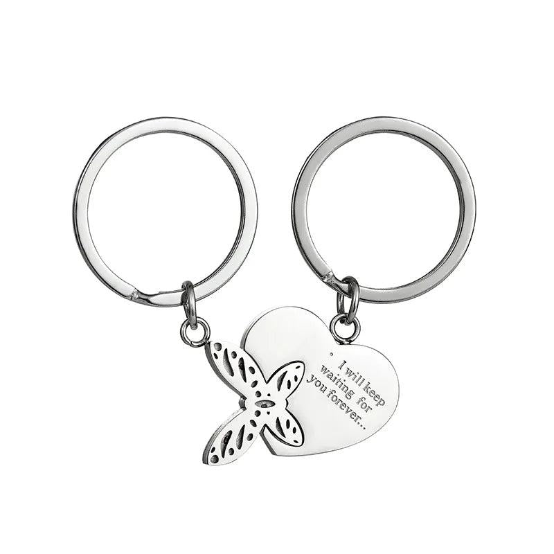 Stainless Steel Couple Love Key Chain Forever Waiting Heart Butterfly Matching