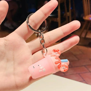 Donut Milk Tea Cup Keychains Women Pvc Soft Rubber Car Key Chain
