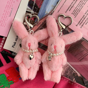 Fluffy Rabbit Keychain Love Heart Beaded Bag Pendant