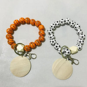 Wood Beads Keychain Basketball Football Print Keyring For Keys