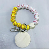 Wood Beads Keychain Basketball Football Print Keyring For Keys