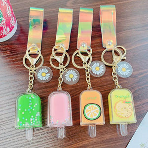 Summer Glitter Quicksand Key Chain Liquid Floating Daisy Icecream Keyring