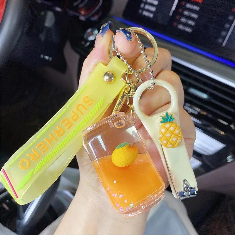 Liquid Oil Keychain Fruit Can Floating Bottle Pendant Bag Charm Gift