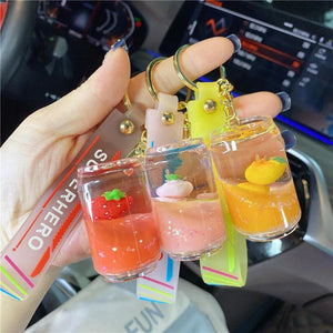 Liquid Oil Keychain Fruit Can Floating Bottle Pendant Bag Charm Gift