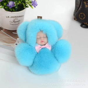 Faux Rex Rabbit Fur Pompom Sleeping Baby Toy Key Chain Ring Woman Bag Charms