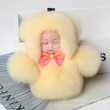 Faux Rex Rabbit Fur Pompom Sleeping Baby Toy Key Chain Ring Woman Bag Charms