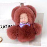 Faux Rex Rabbit Fur Pompom Sleeping Baby Toy Key Chain Ring Woman Bag Charms