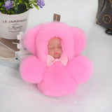 Faux Rex Rabbit Fur Pompom Sleeping Baby Toy Key Chain Ring Woman Bag Charms