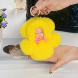 Faux Rex Rabbit Fur Pompom Sleeping Baby Toy Key Chain Ring Woman Bag Charms