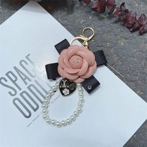 Bowknot Camellia Key Chain Pearl PU Leather Bag Pendant