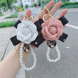 Bowknot Camellia Key Chain Pearl PU Leather Bag Pendant