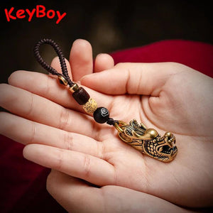 Brass Dragon Head Keychain Rope Key Pendant