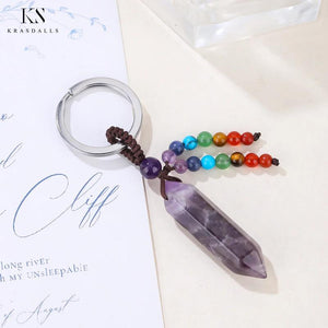 Stone Crystal Keychain Pendant DIY Jewelry Bullet Hexagon Bead Key Ring