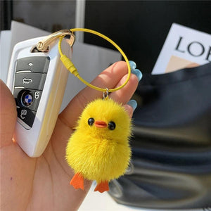 Mini Real Mink Fur Small Yellow Duck Keychain Ornaments Women Backpack Pendant