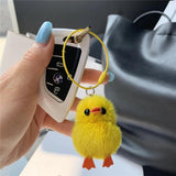 Mini Real Mink Fur Small Yellow Duck Keychain Ornaments Women Backpack Pendant