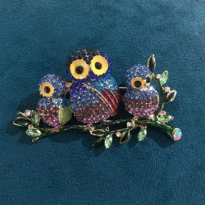 Vintage Enamel Three Owl Brooches Wedding Accessories