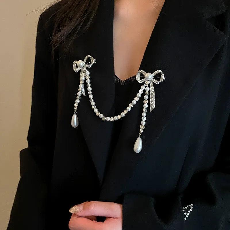 Vintage Pearl Bow Brooch Pin Tassel Metal Jewelry Wedding Gift