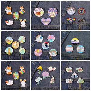Rainbow LGBT Enamel Pins Romantic Cat Paw Brooches Colorful Wave Landscape Plant