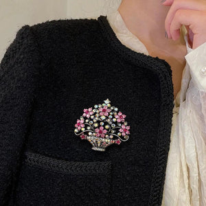 Vintage Flower Basket Oil Painting Brooch Rhinestone Plant Jewelry