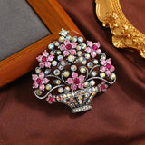 Vintage Flower Basket Oil Painting Brooch Rhinestone Plant Jewelry