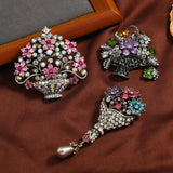 Vintage Flower Basket Oil Painting Brooch Rhinestone Plant Jewelry